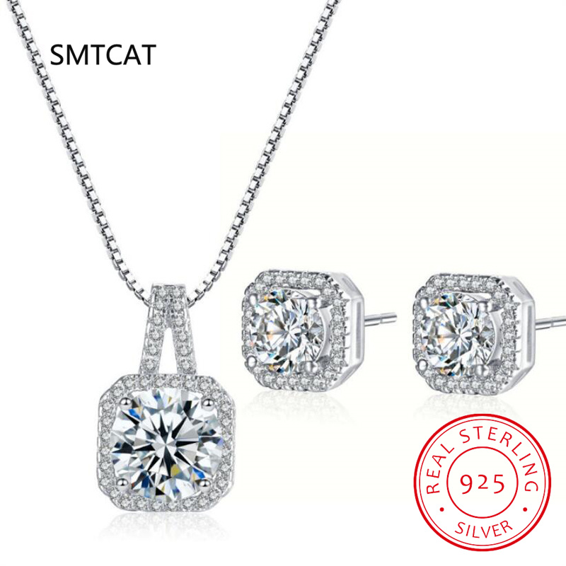 Diamond Stud Earrings - スクエアカットモアッサナイトダイヤモンドジュエリーセット 925 スターリングシルバーパーティーウェディングイヤリングネックレス女性のためのブライダルセットギフト