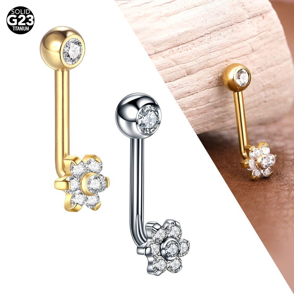 Christina Jewelry & Watches Marguerite Ørestik Forgyldt Sølv - 男性と女性のためのチタンczクリスタルフラワーベリーリング、セクシーなリップドリル、Rchinaドリル、垂直フード、Vchジュエリー、14g、1個、5個