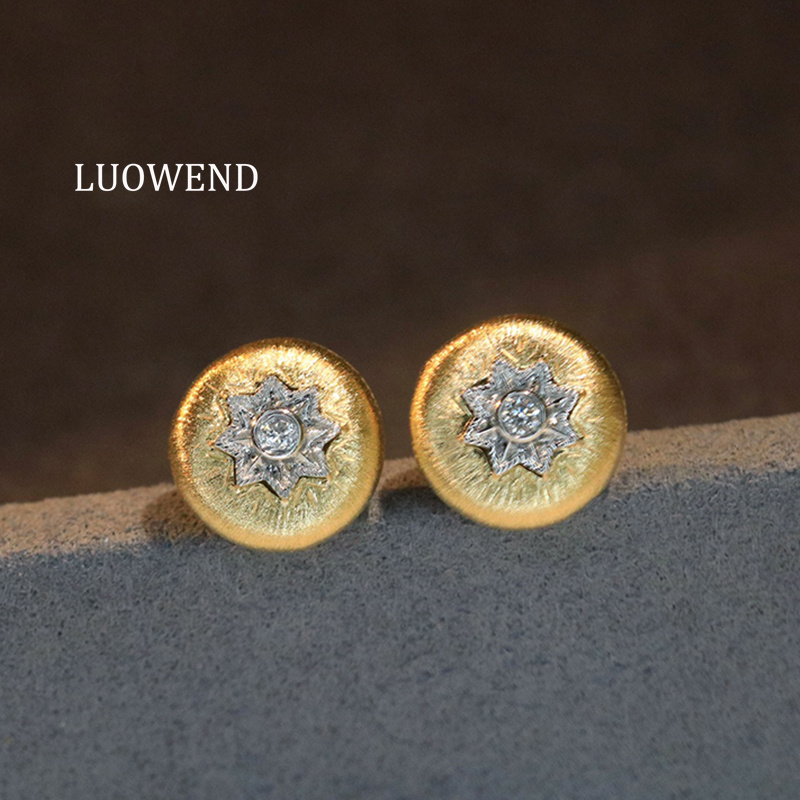 Diamond Stud Earrings - LUOWEND 100% 18K イエローゴールドイヤリングヴィンテージスタイル本物の天然ダイヤモンドスタッドイヤリング女性用ハイパーティージュエリー