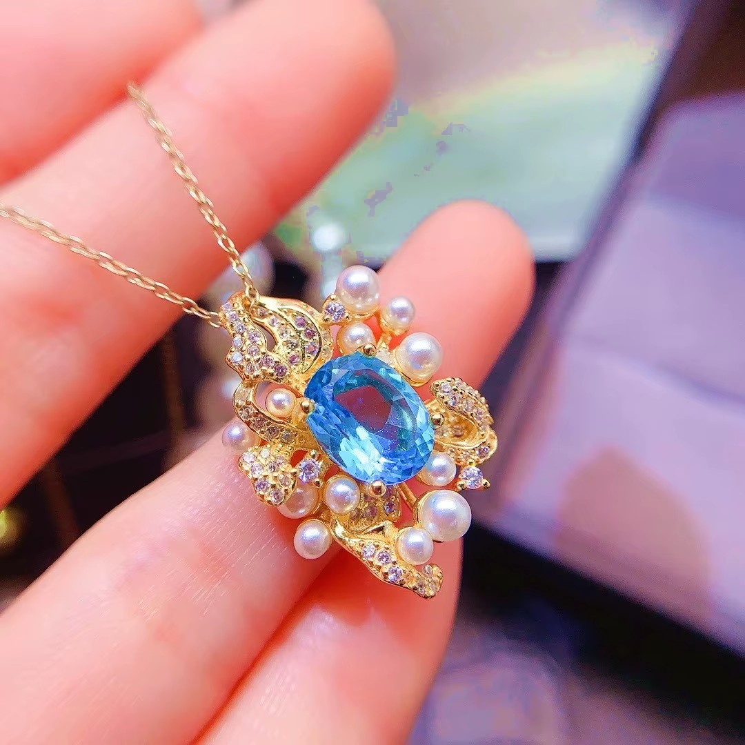Al Ain Jewelry & Watches Exhibition 2025 - KJJEAXCMY ブティックジュエリーガールスイスブルートパーズペンダントネックレス 925 純銀メッキ 18K ゴールドパールスタイルギフトガールフレンド