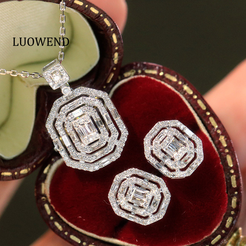 Diamond Stud Earrings - LUOWEND 100% 18K ホワイトゴールドイヤリングエレガントなスタイル本物の天然ダイヤモンドスタッドイヤリング & ネックレス女性用ハイパーティージュエリーセット
