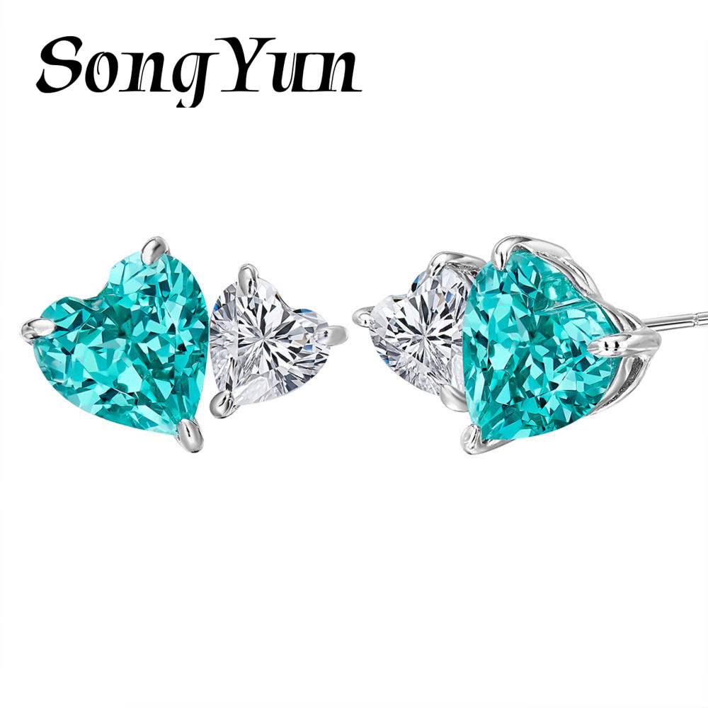Diamond Stud Earrings - SONGYUN 高炭素宝石ジュエリー 女性用 925スターリングシルバー パライバスパサルタイト ハート型スタッドピアス