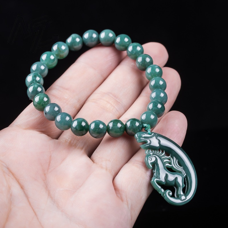 天然翡翠ブルーウォーター干支馬ビーズ手編みブレスレット高級ジ - Jewelry & Watches Review のレビューと価格