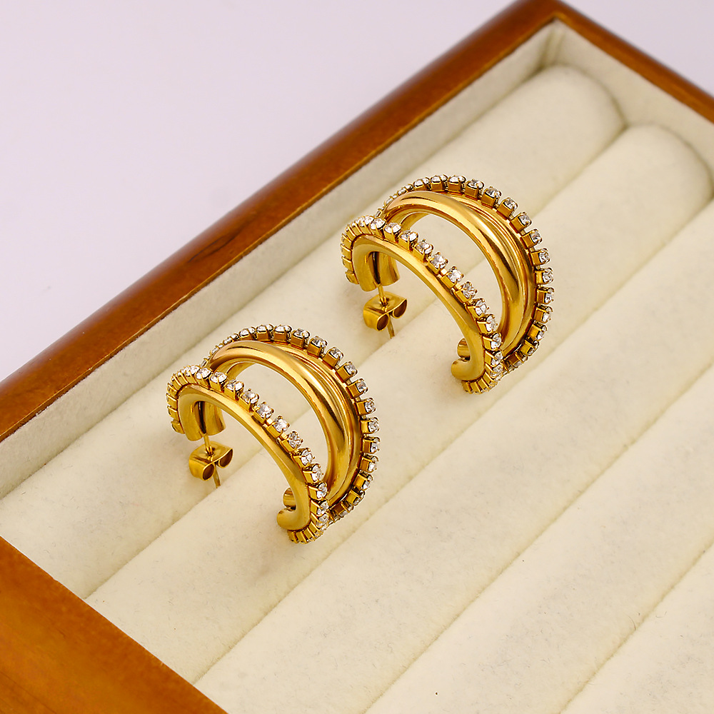 DIYアクセサリー　絶妙なC型二層フルダイヤモンドスタッドピ - Diamond Stud Earrings のレビューと価格