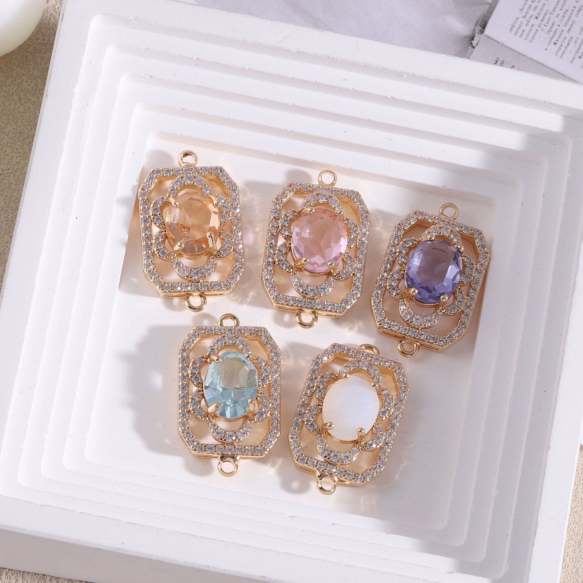 長方形の花の形をしたダブルホールペンダント,ネックレス,イヤ - Diamond Stud Earrings のレビューと価格